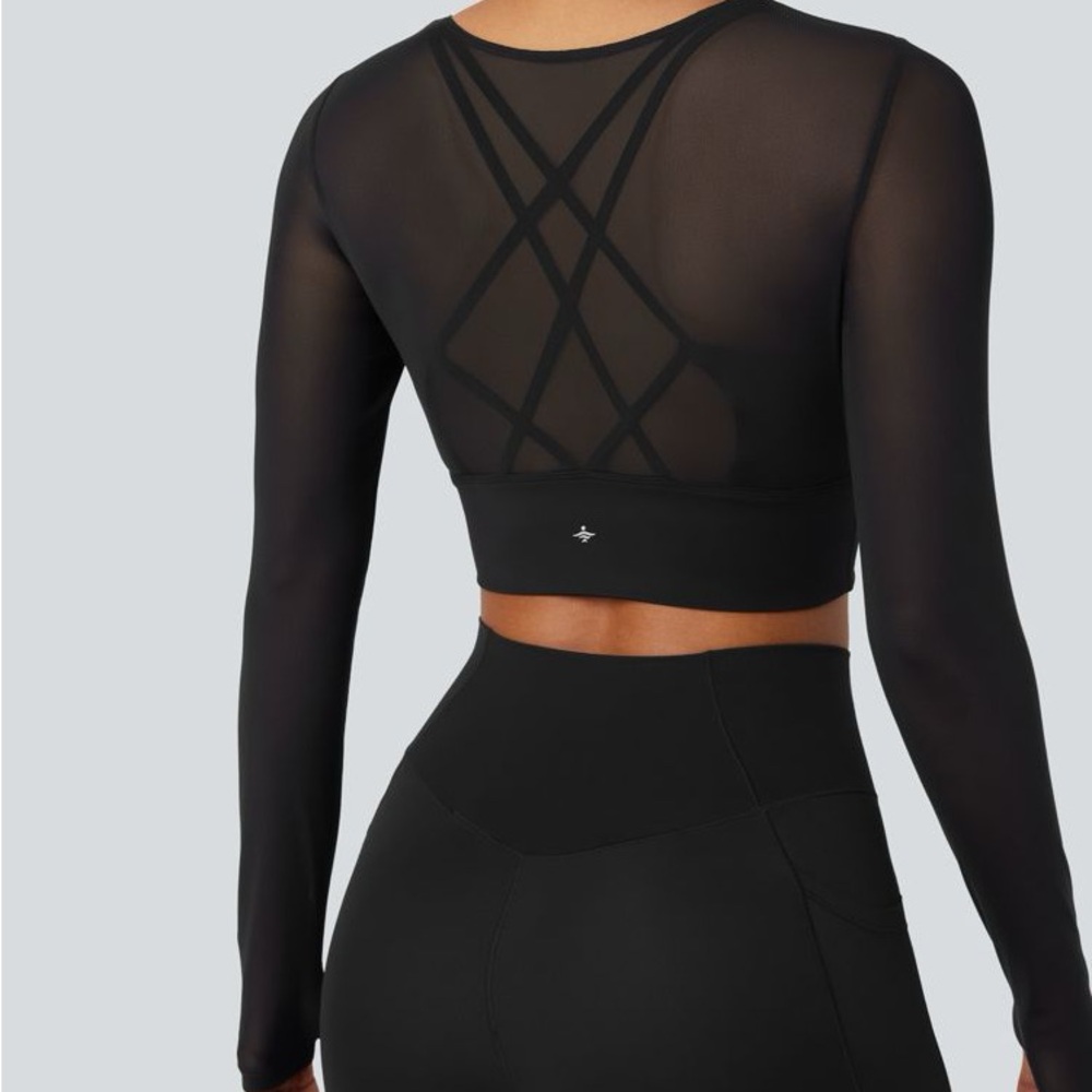 Black Long Sleeve Mesh Crop Top